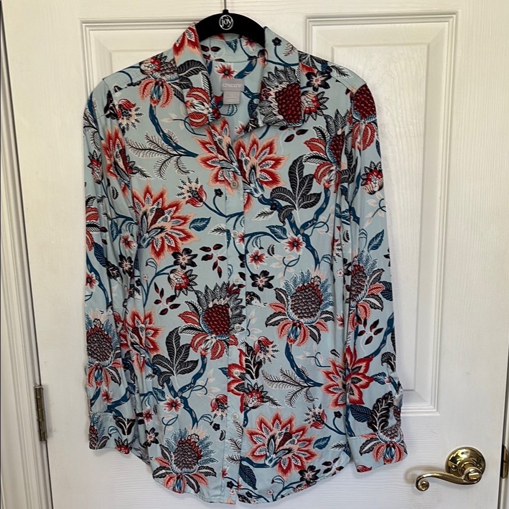 Chico's Button Front Blouse with Vibrant Tropical Floral Print BOHO Summer - Picture 10 of 10